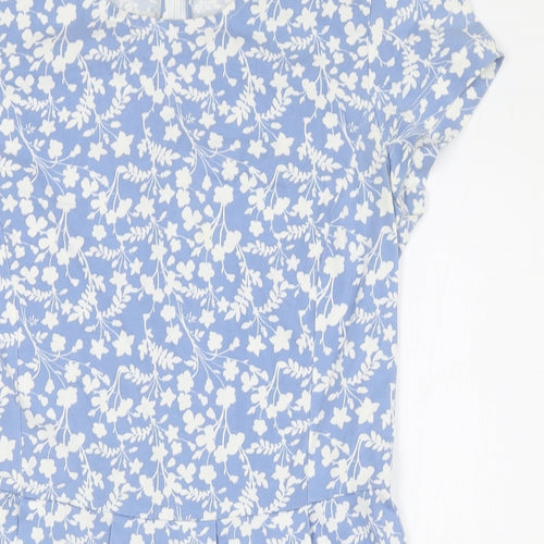 Hobbs Womens Blue Floral Cotton A-Line Size 8 Round Neck Zip