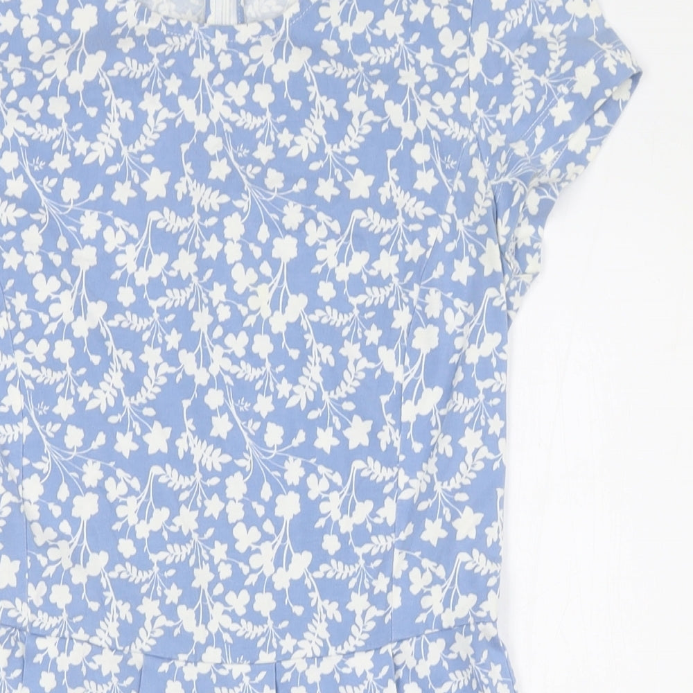Hobbs Womens Blue Floral Cotton A-Line Size 8 Round Neck Zip