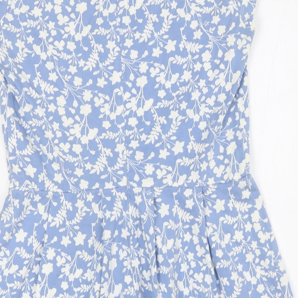 Hobbs Womens Blue Floral Cotton A-Line Size 8 Round Neck Zip