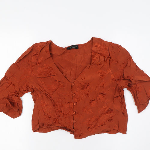 Zara Womens Orange Viscose Cropped Button-Up Size S V-Neck