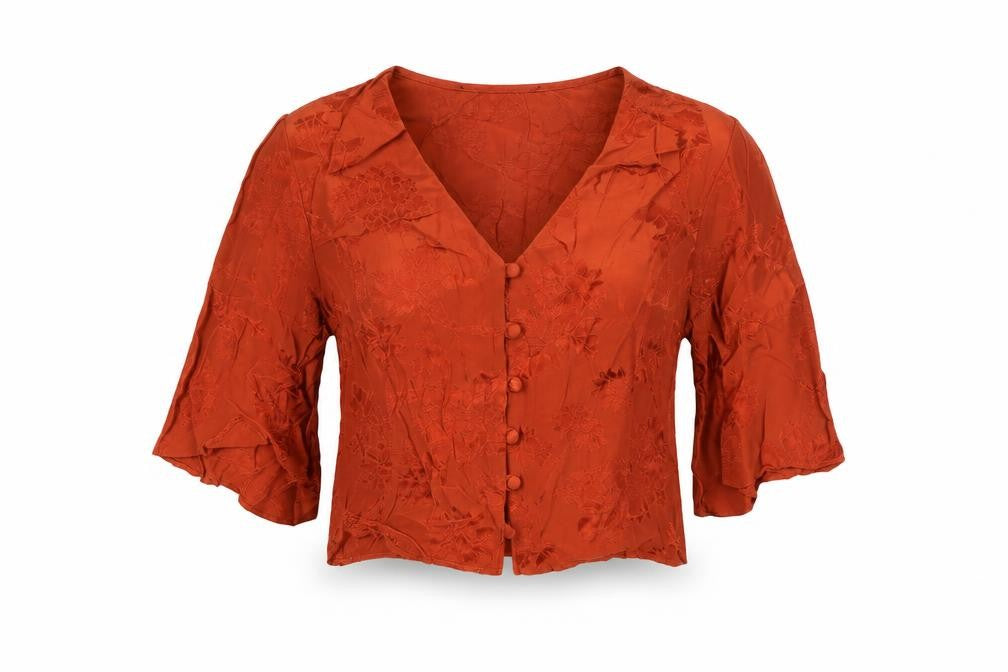 Front view of Zara women’s orange viscose cropped button-up, size S, v-neck