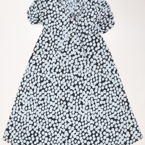 Boohoo Womens Blue Polka Dot Polyester A-Line Size 12 Mock Neck Tie