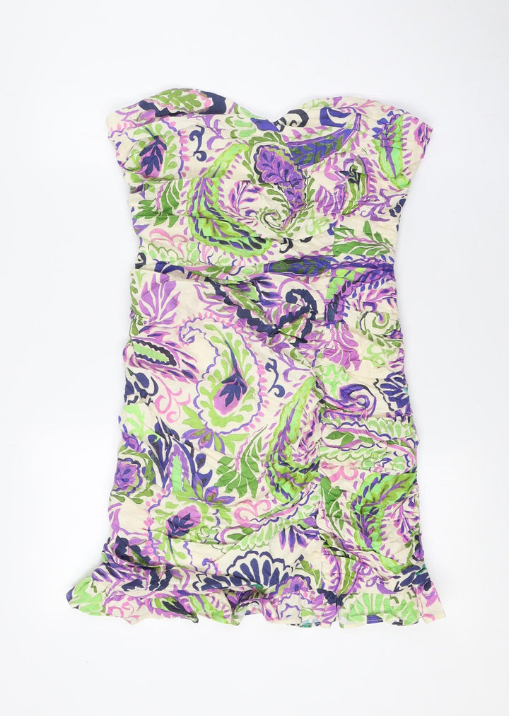 Zara Womens Multicoloured Linen Bodycon Size L Off the Shoulder Zip