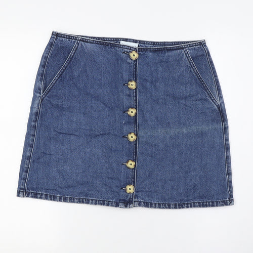 Warehouse Womens Blue Cotton A-Line Skirt Size 14 Button