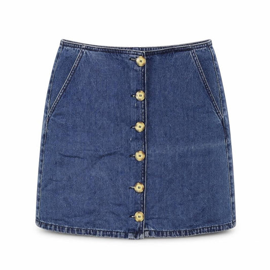 Front view of Warehouse women’s blue cotton a-line skirt, size UK 14, button