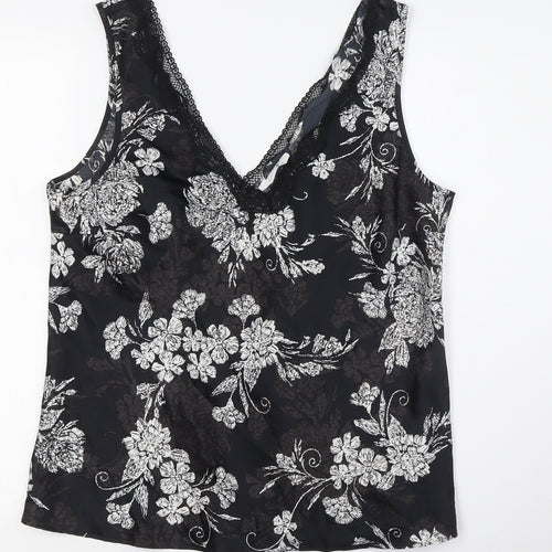 Marks and Spencer Womens Black Floral Polyester Cami Pyjama Top Size 14 - Lace Trim