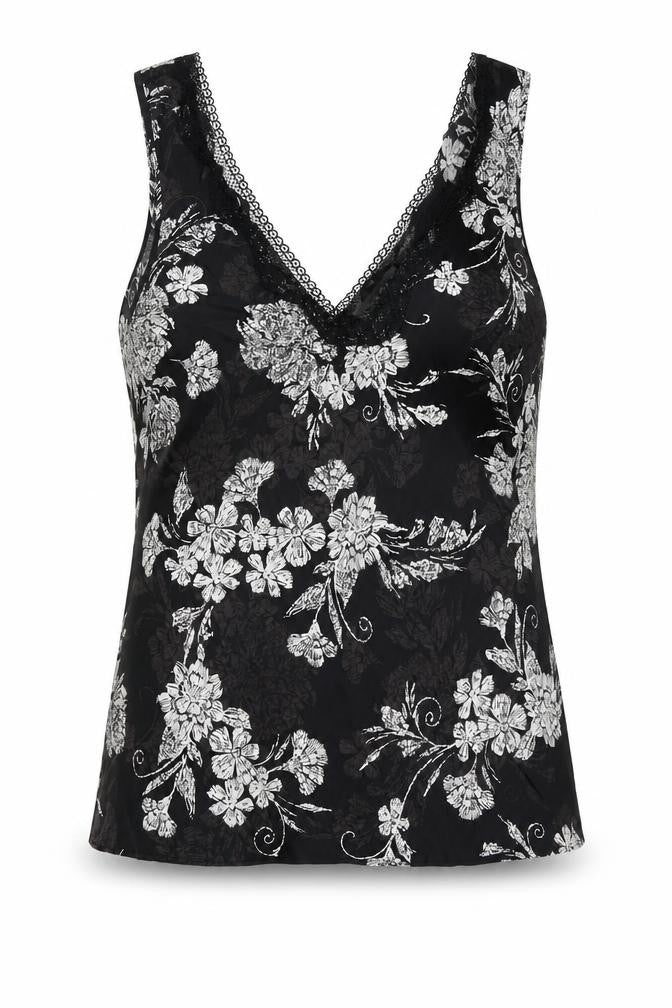 Marks and Spencer Womens Black Floral Polyester Cami Pyjama Top Size 14 - Lace Trim