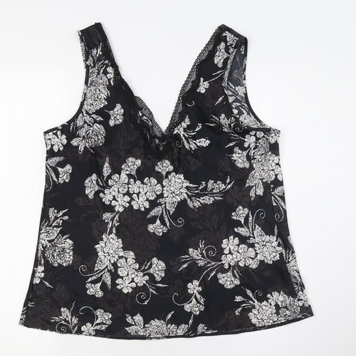 Marks and Spencer Womens Black Floral Polyester Cami Pyjama Top Size 14 - Lace Trim