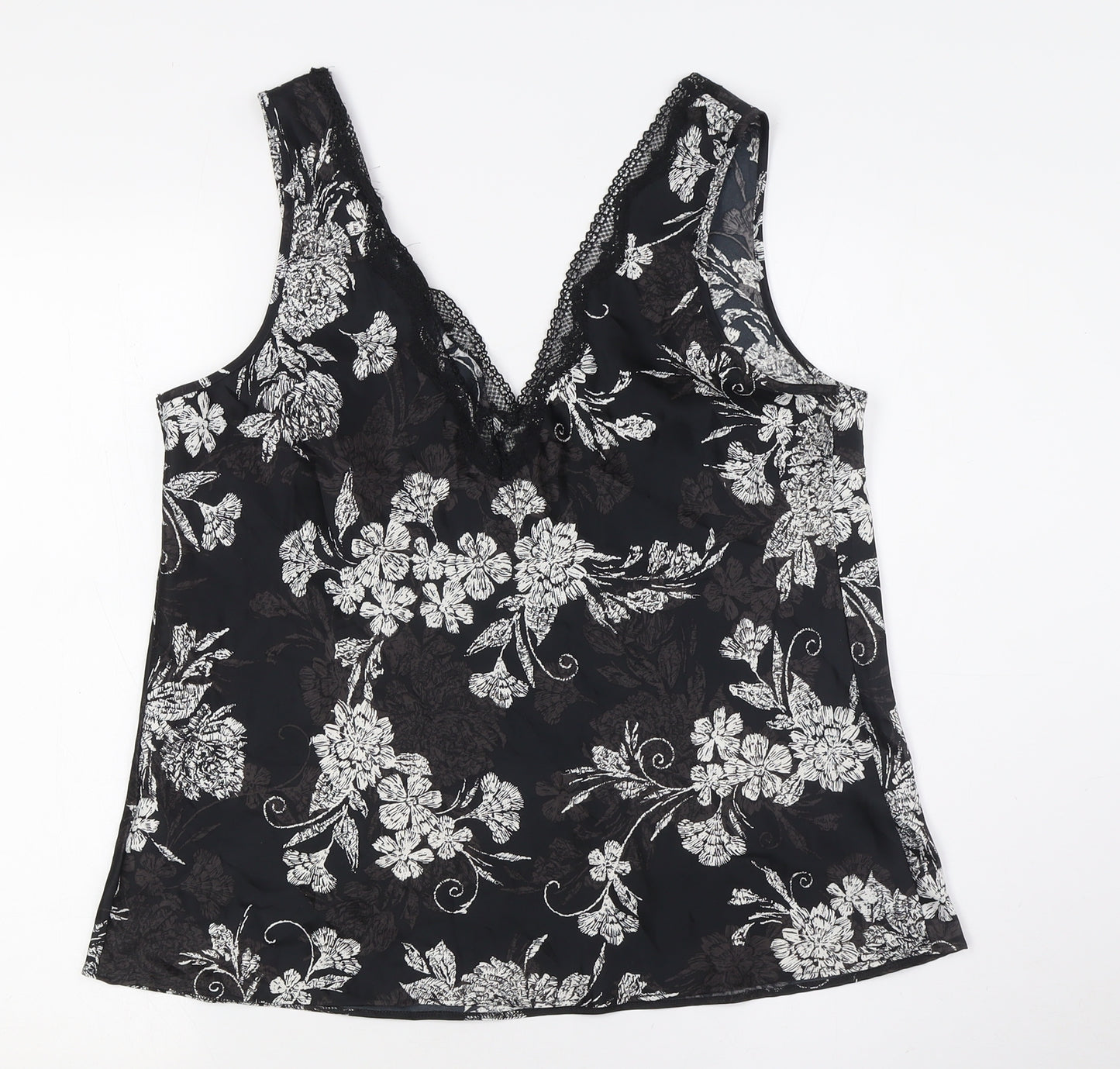 Marks and Spencer Womens Black Floral Polyester Cami Pyjama Top Size 14 - Lace Trim