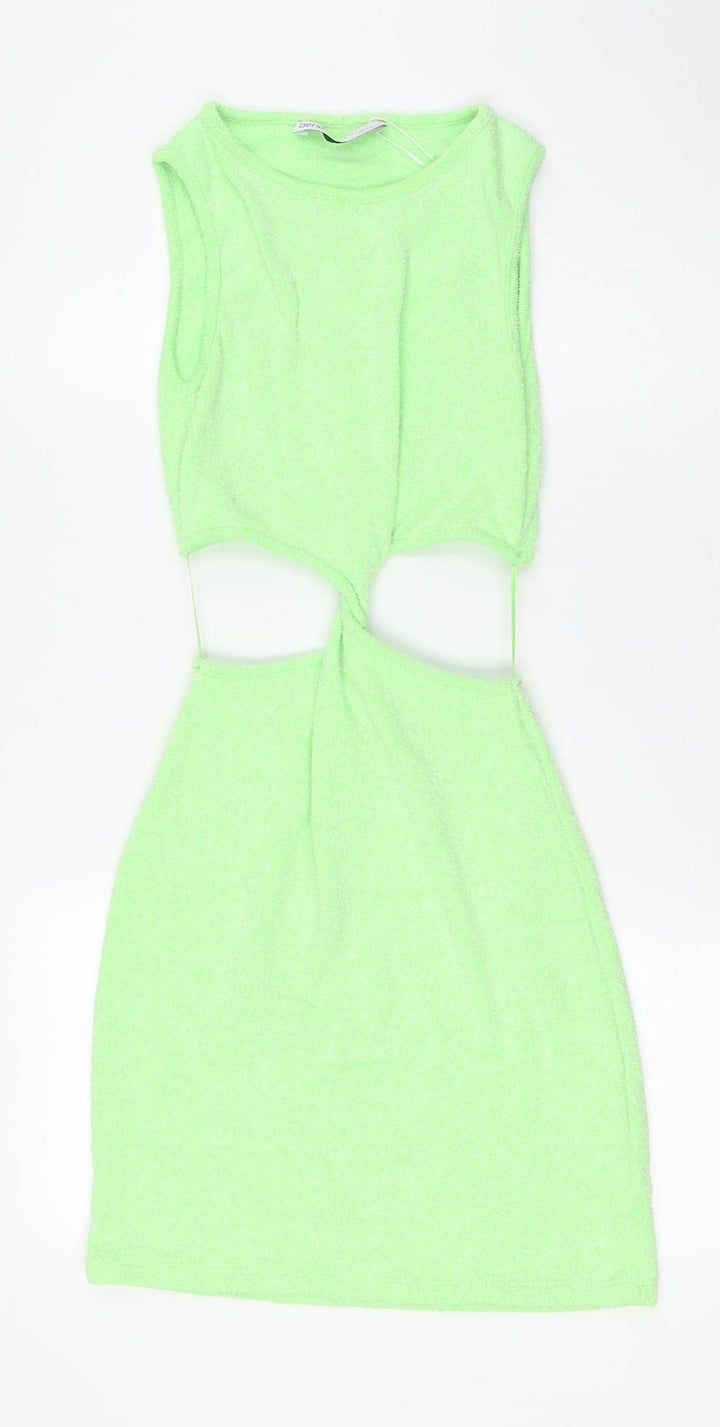 Bershka Womens Green Cotton Bodycon Size S Boat Neck - Knot Front
