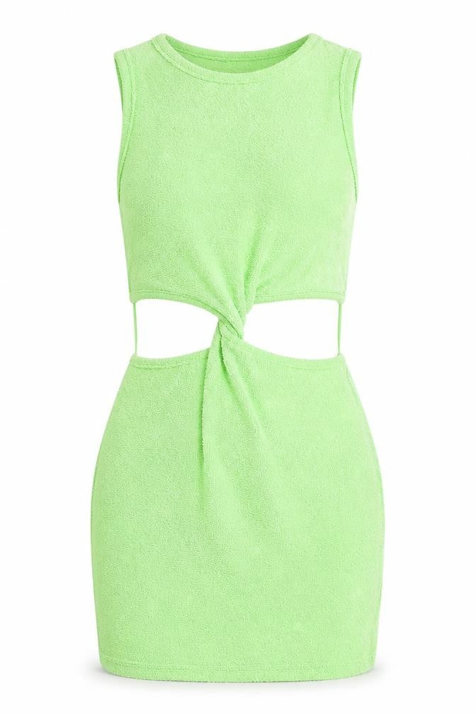 Bershka Womens Green Cotton Bodycon Size S Boat Neck - Knot Front