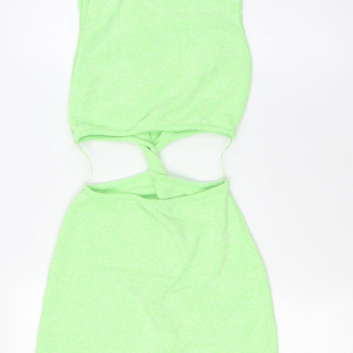 Bershka Womens Green Cotton Bodycon Size S Boat Neck - Knot Front