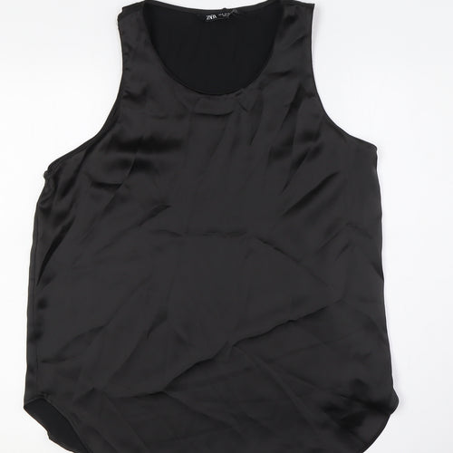 Zara Womens Black Polyester Basic Button-Up Size M Round Neck