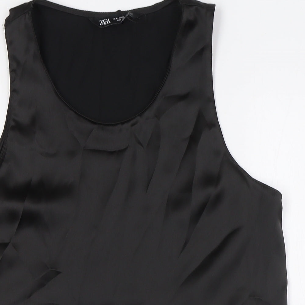 Zara Womens Black Polyester Basic Button-Up Size M Round Neck
