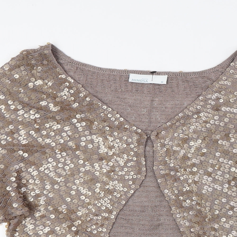 Minosa Womens Beige V-Neck Viscose Cardigan Jumper Size M - Sequins