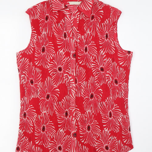 Marks and Spencer Womens Red Floral Polyester Basic Button-Up Size 16 Collared