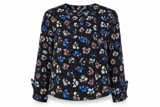 Front view of Warehouse women’s multicoloured floral polyester basic button-up, size UK 14, boat neck