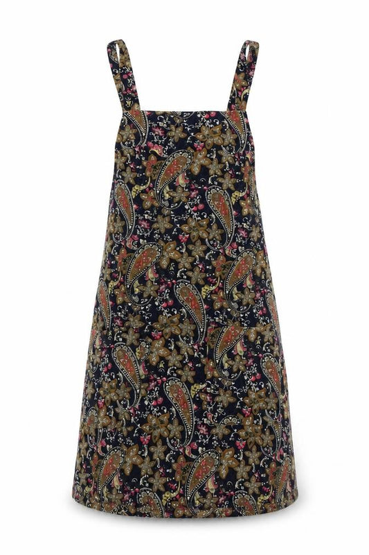 Front view of Glamorous women’s multicoloured paisley 100% cotton pinafore/dungaree dress, size XS, square neck zip