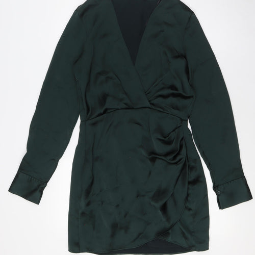 Zara Womens Green Polyester A-Line Size 2XL V-Neck Zip - Wrap Effect