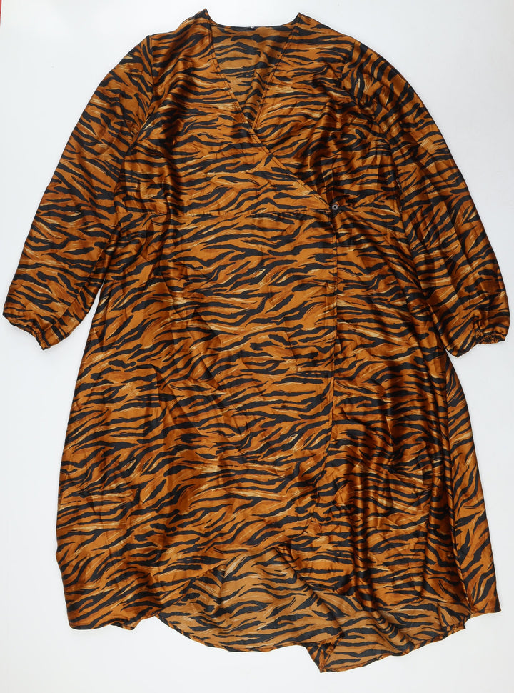 Very Womens Brown Animal Print Polyester Wrap Dress Size 22 V-Neck Button