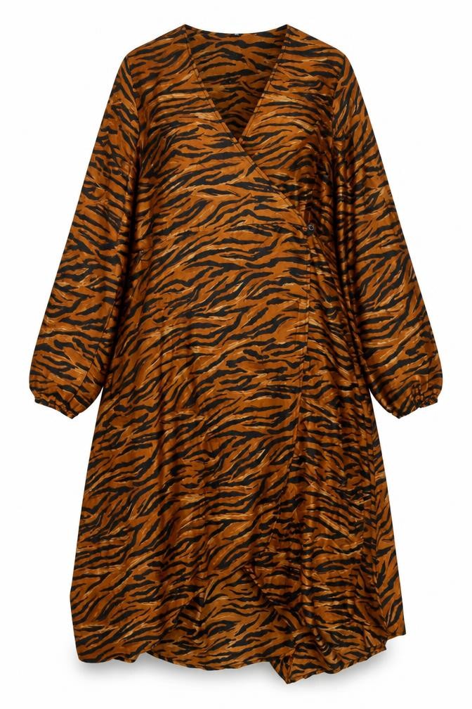 Front view of Very women’s brown animal print polyester wrap dress, size UK 22, v-neck button