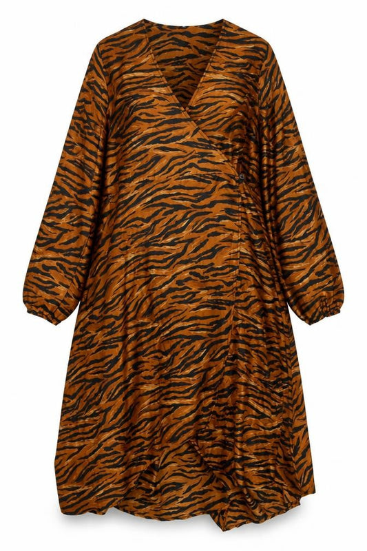 Front view of Very women’s brown animal print polyester wrap dress, size UK 22, v-neck button