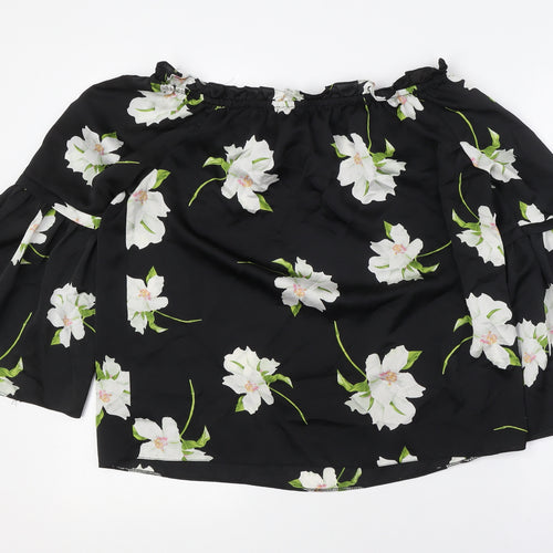 Dorothy Perkins Womens Black Floral Polyester Basic Button-Up Size 12 Off the Shoulder