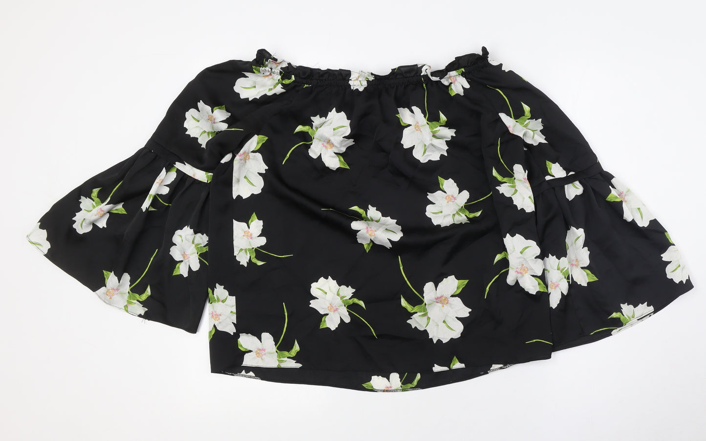 Dorothy Perkins Womens Black Floral Polyester Basic Button-Up Size 12 Off the Shoulder