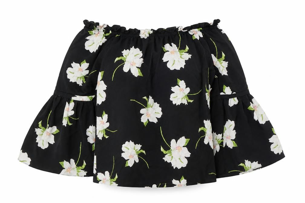 Front view of Dorothy Perkins women’s black floral polyester basic button-up, size UK 12, off the shoulder