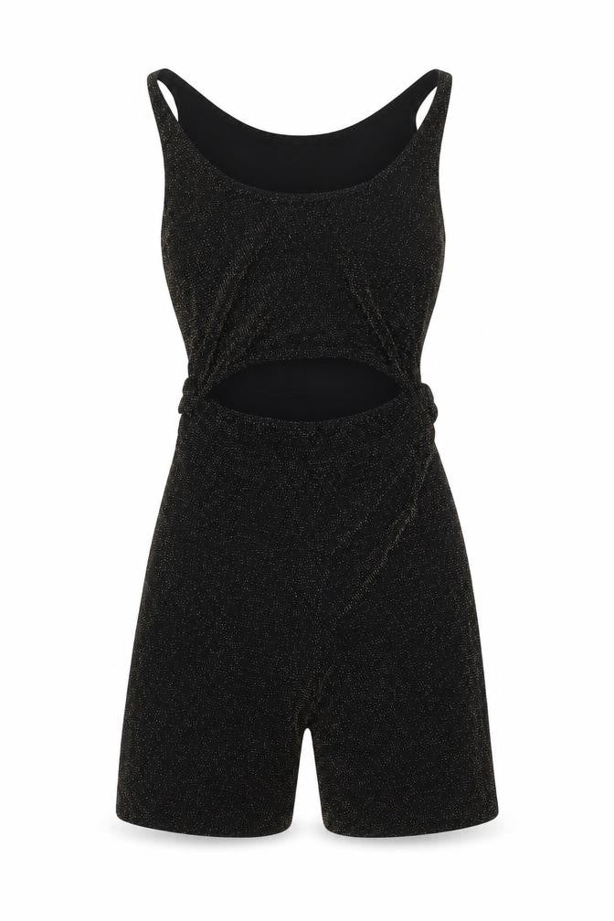 Front view of PRETTYLITTLETHING women’s black polyester playsuit one-piece, size UK 10, 8-inch leg - sparkle