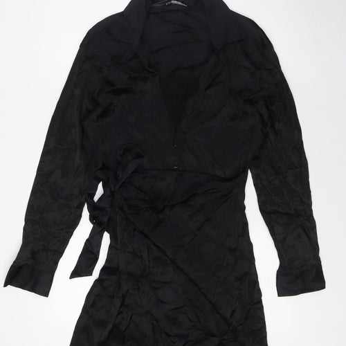 Zara Womens Black Viscose A-Line Size L Collared Button - Tie Front