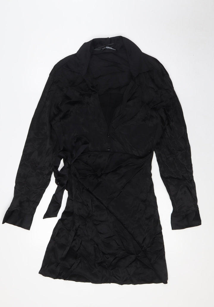 Zara Womens Black Viscose A-Line Size L Collared Button - Tie Front