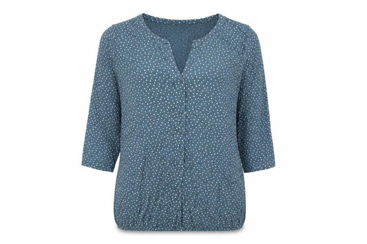 Front view of Tom Tailor women’s blue polka dot cotton basic button-up, size XL, v-neck
