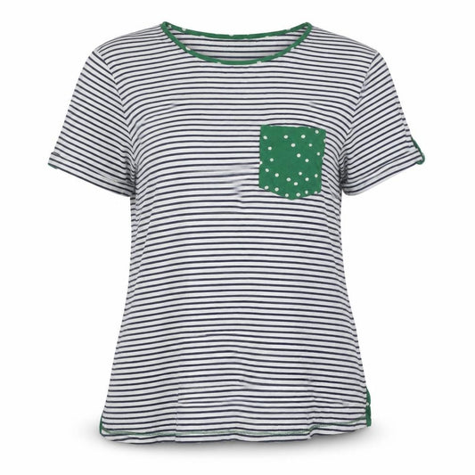 Front view of Heyton women’s blue striped cotton basic button-up, size UK 12, round neck