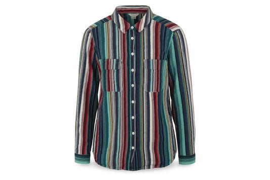 Front view of Monsoon women’s multicoloured striped viscose basic button-up, size UK 8, collared