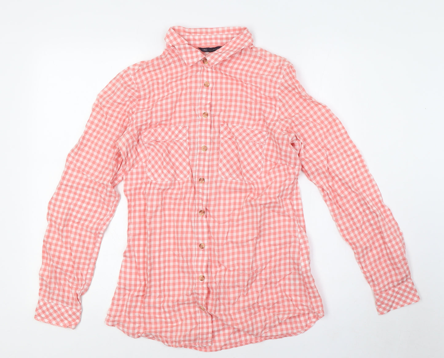 Marks and Spencer Womens Red Check Cotton Basic Button-Up Size 8 Collared