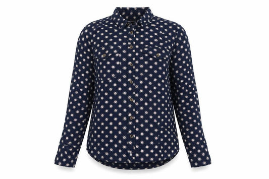 Front view of Marks & Spencer women’s blue viscose basic button-up, size UK 10, collared