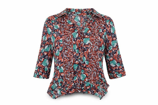 Front view of Per Una women’s multicoloured polyester basic button-up, size UK 12, collared