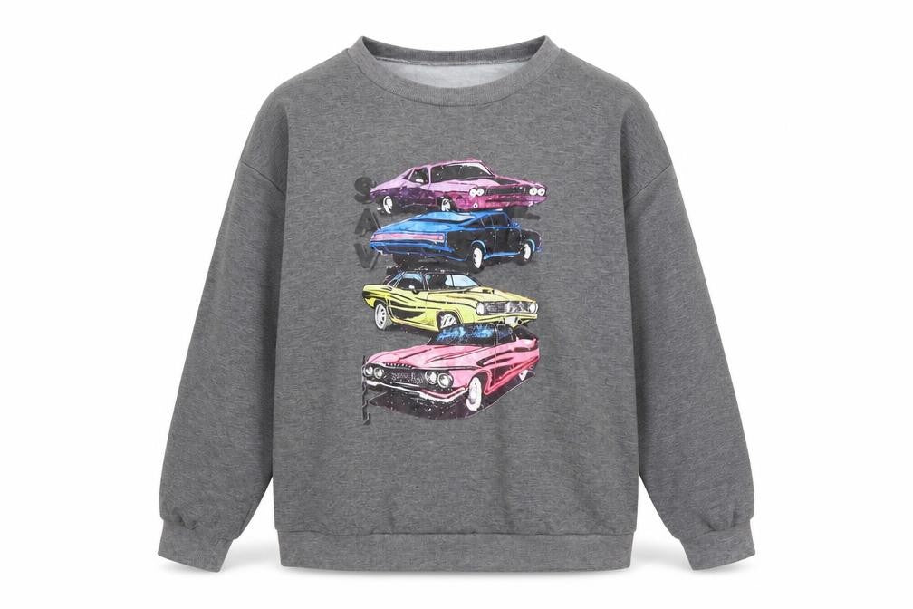 Front view of ROMWE women’s grey cotton pullover sweatshirt, size M