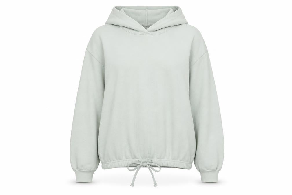 Front view of H&M women’s green cotton pullover hoodie, size M, drawstring