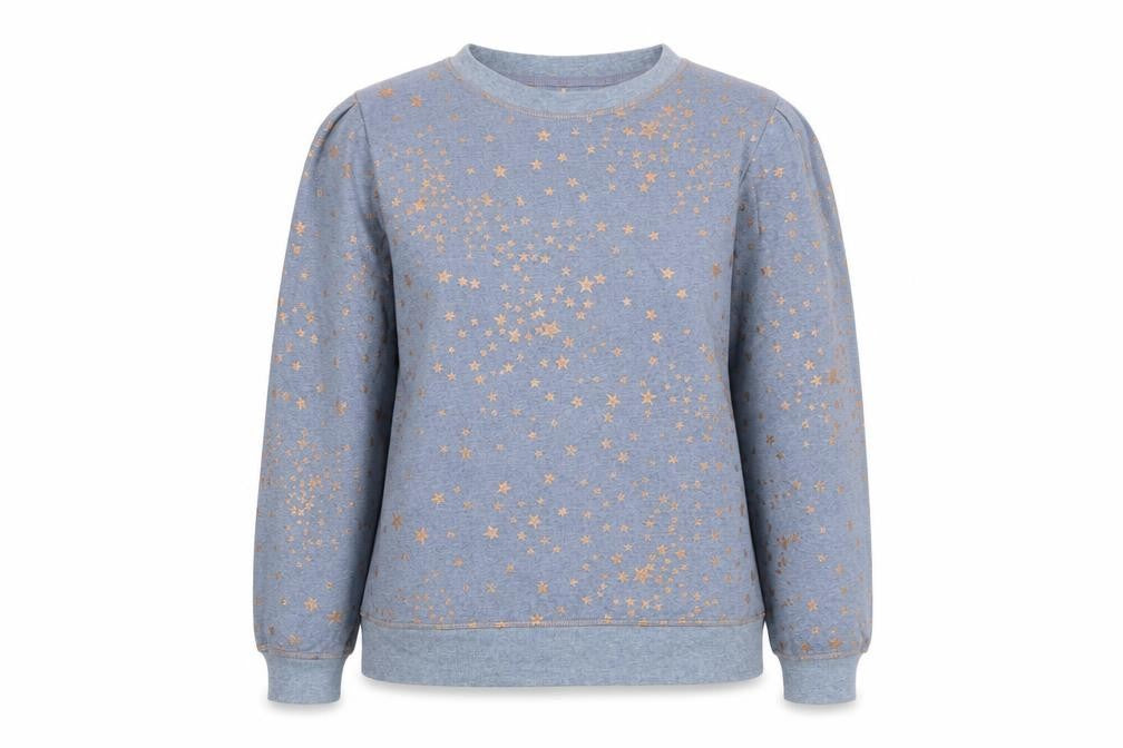 Front view of Next women’s blue solid polyester top pyjama top, size M, - rose gold star detail .
