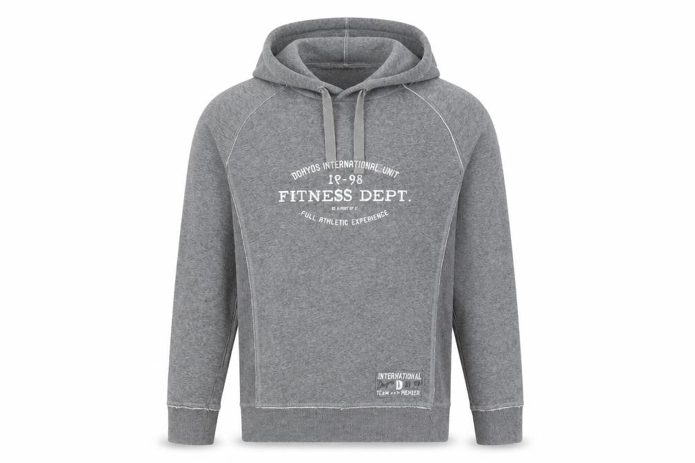 Front view of Domyos men’s grey cotton pullover hoodie, size S