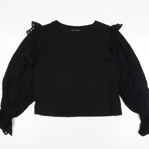 Zara Womens Black Cotton Basic Blouse Size S Crew Neck