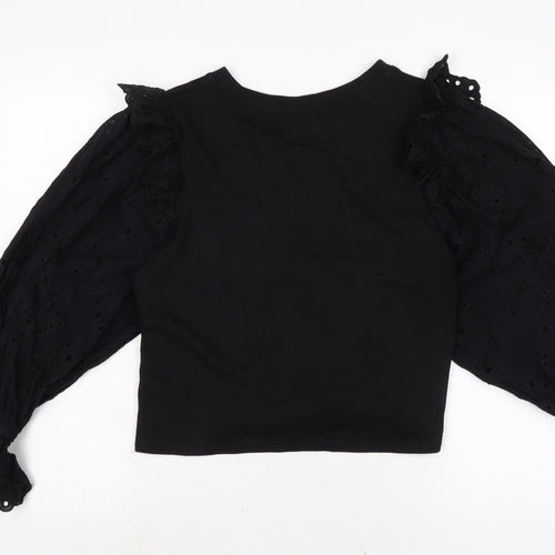 Zara Womens Black Cotton Basic Blouse Size S Crew Neck