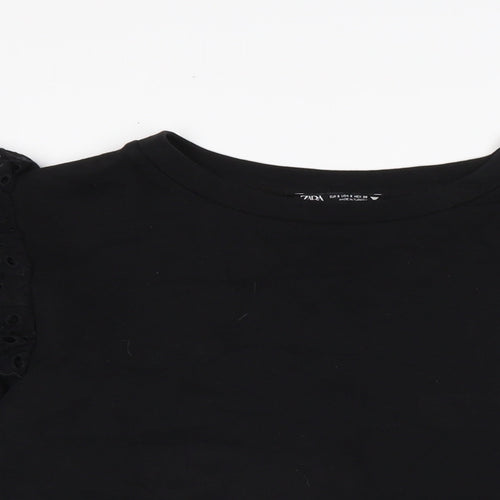 Zara Womens Black Cotton Basic Blouse Size S Crew Neck