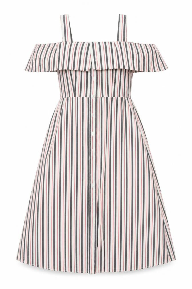 Front view of Warehouse women’s multicoloured striped cotton a-line, size UK 8, square neck
