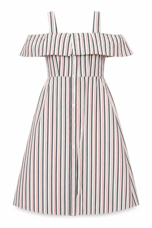 Front view of Warehouse women’s multicoloured striped cotton a-line, size UK 8, square neck