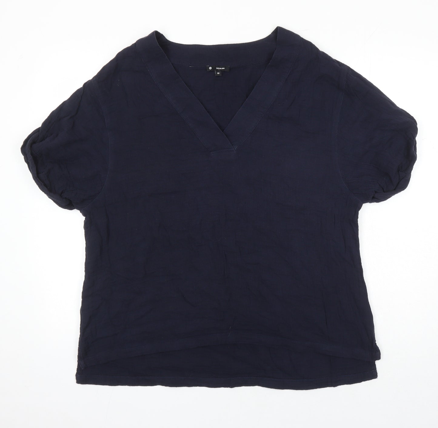 Woman Womens Blue 100% Cotton Tunic Blouse Size 12 V-Neck