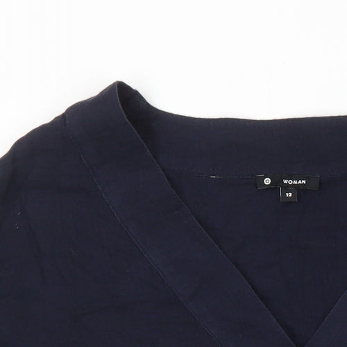Woman Womens Blue 100% Cotton Tunic Blouse Size 12 V-Neck