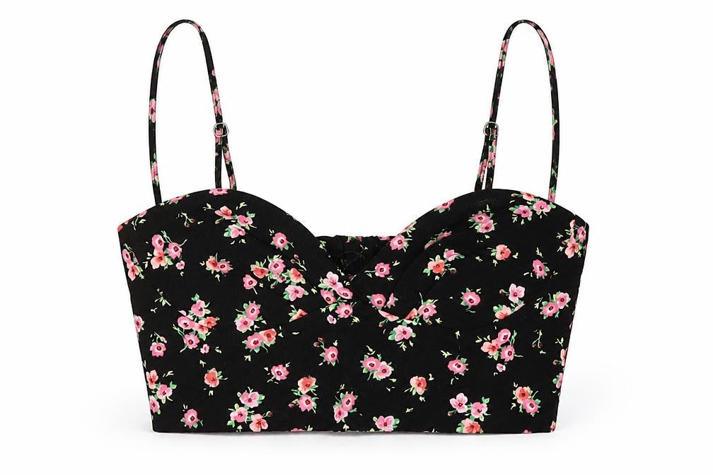 Front view of Zara women’s multicoloured floral viscose cropped blouse, size UK 8, square neck